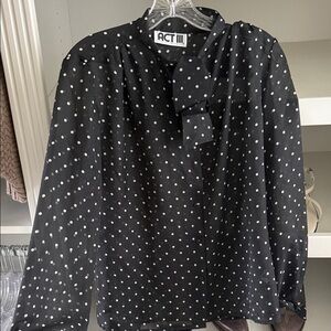 Black Polka Dot Long-Sleeve Blouse with Neck Tie